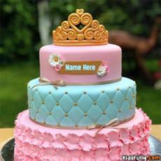 Beautiful Pink and Blue Crown Cake For Girls With Name