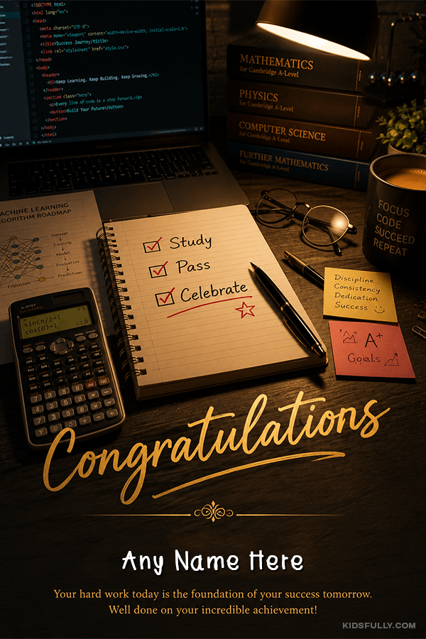 Create Personalized Exam Victory Congratulations Card with Name and Message | For Kids | Congratulations | KidsFully Image Art with Name & Photo | Free Online Kids Congratulations Congratulations For Passing Exams Maker | kidsfully